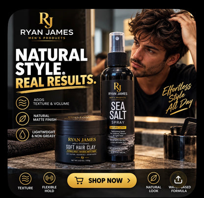 Ryan James styling graphic with a man tousling textured hair, Sea Salt Spray and Soft Hair Clay